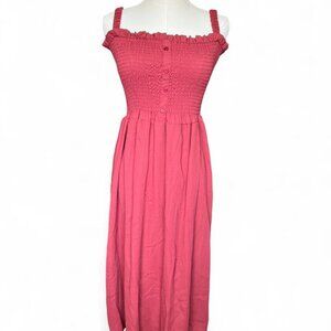 red coral midi dress with smocked detail